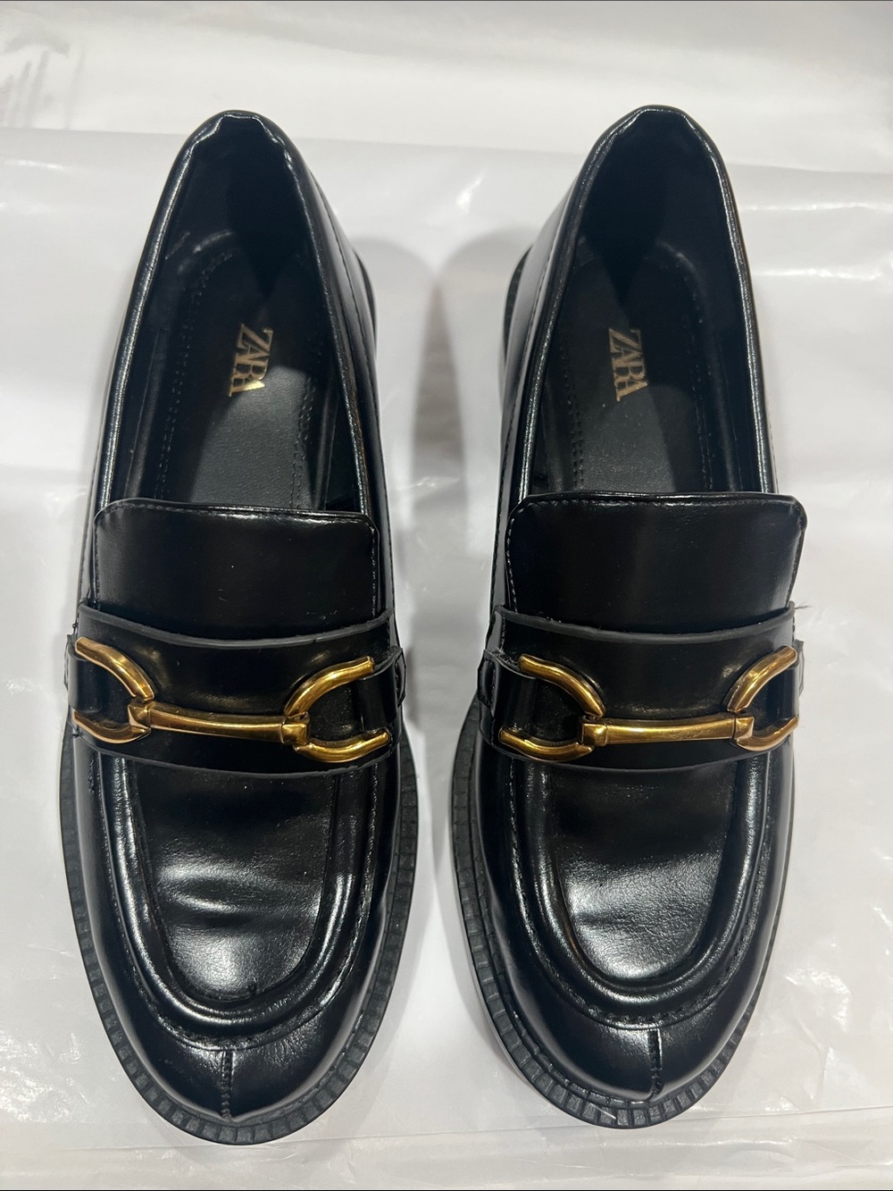 Zara Black Leather Loafers with Gold Horsebit Detail